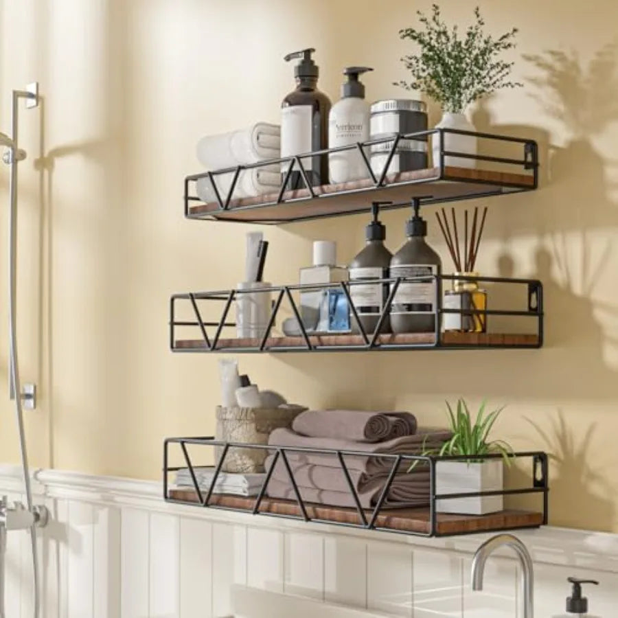 Set of 3 Floating Wood Wall Shelves Home Decor