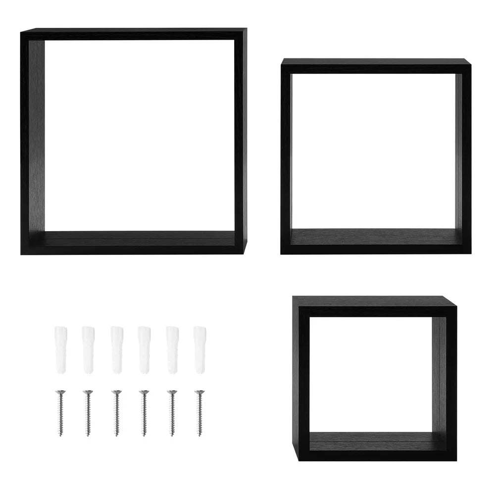 Modern Black Wood Cube Shelf Set Floating Storage