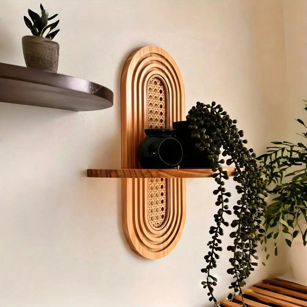 1pc Arched Bohemian Wood Rattan Floating Shelf