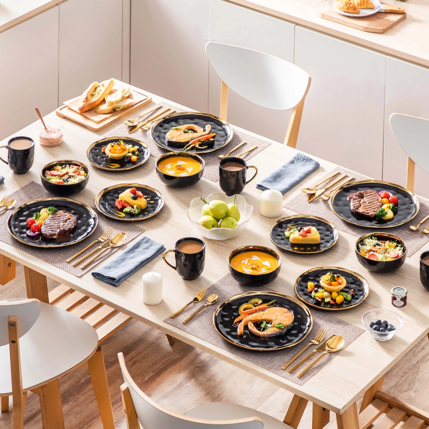 16/32 Piece Black Porcelain Dinnerware Set with Gold Trim