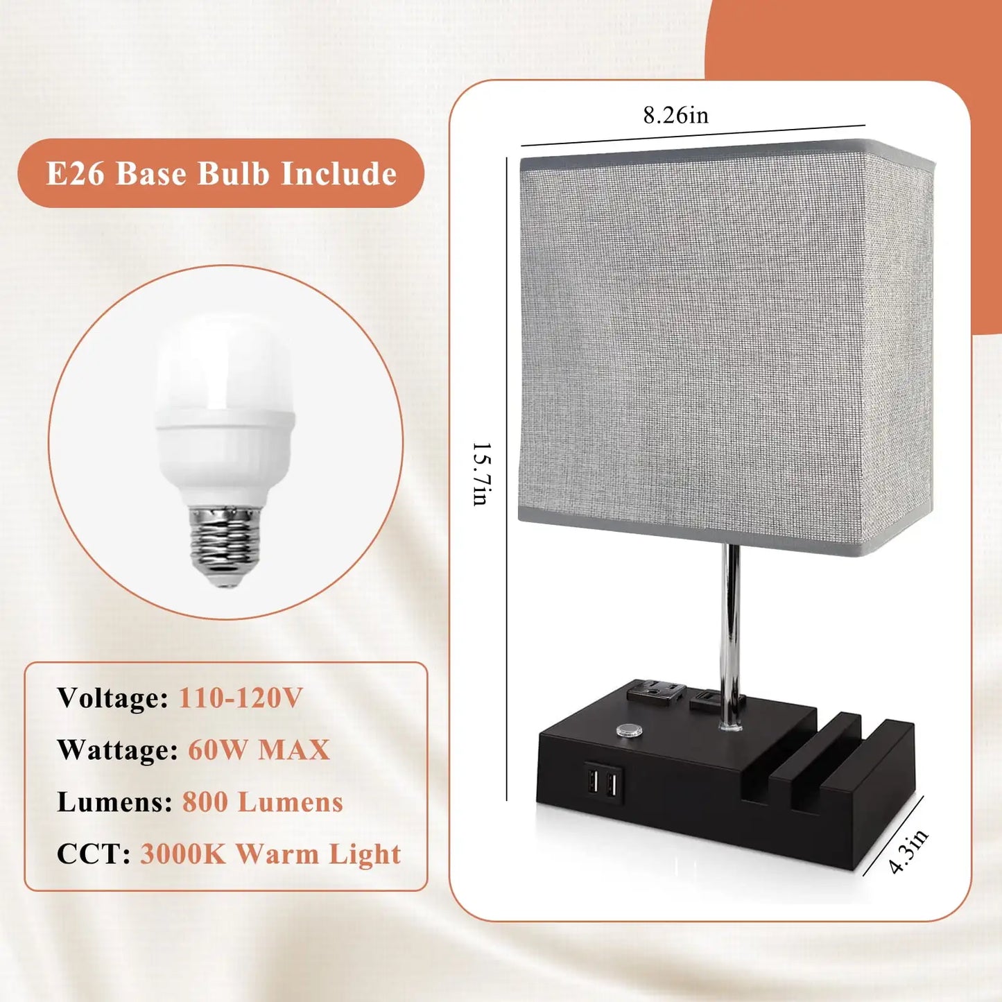 15.7" Lamp Dual Fast USB Charging Ports