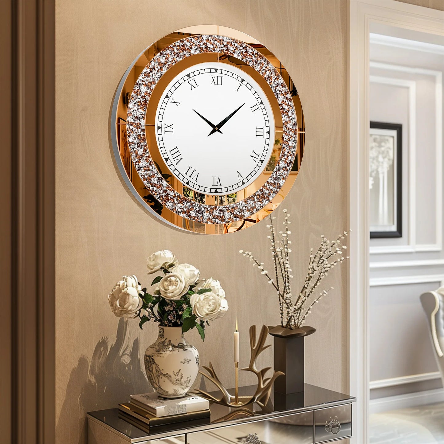 Silver, Tawny Tinted Crush Diamond Large Mirrored Wall Clock