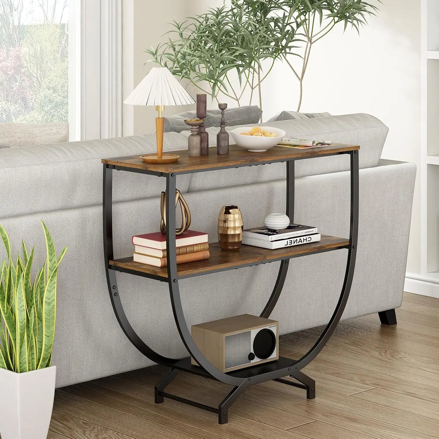 Rustic Brown 3-Tier Console Table with Storage