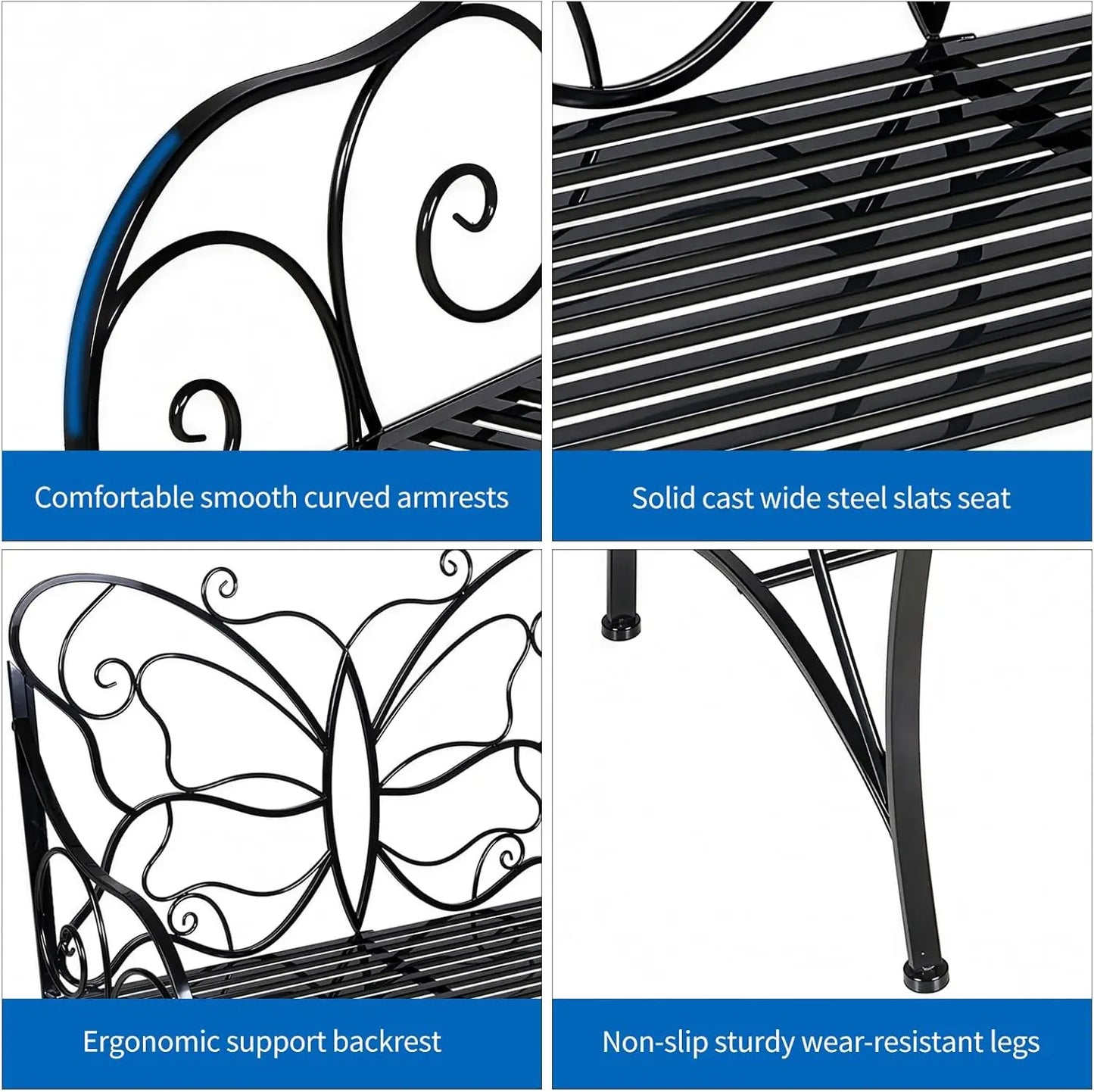 Butterfly Bench with Armrests, Rust-Resistant Cast Iron