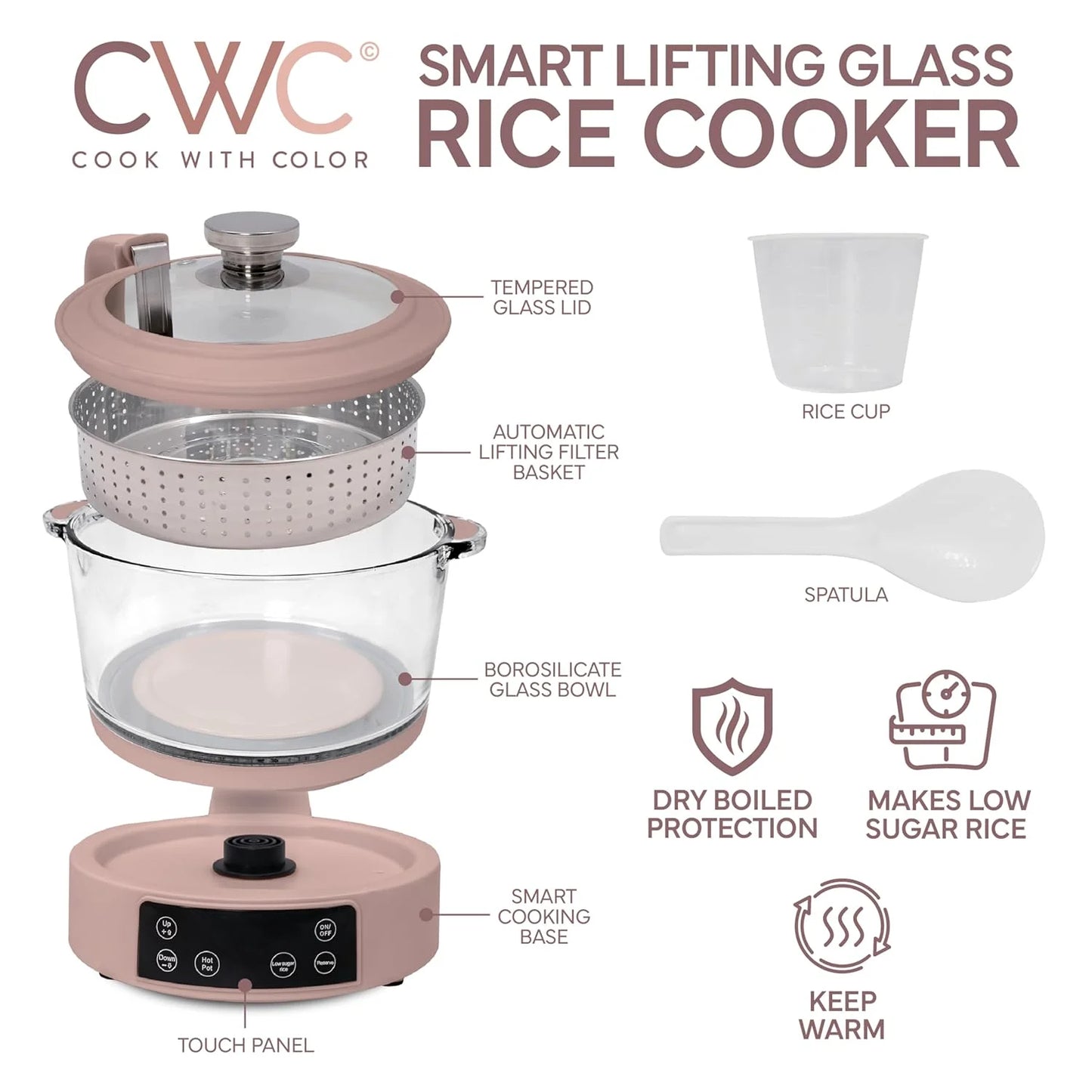 Glass Low Carb Rice Cooker Auto Lift Filter