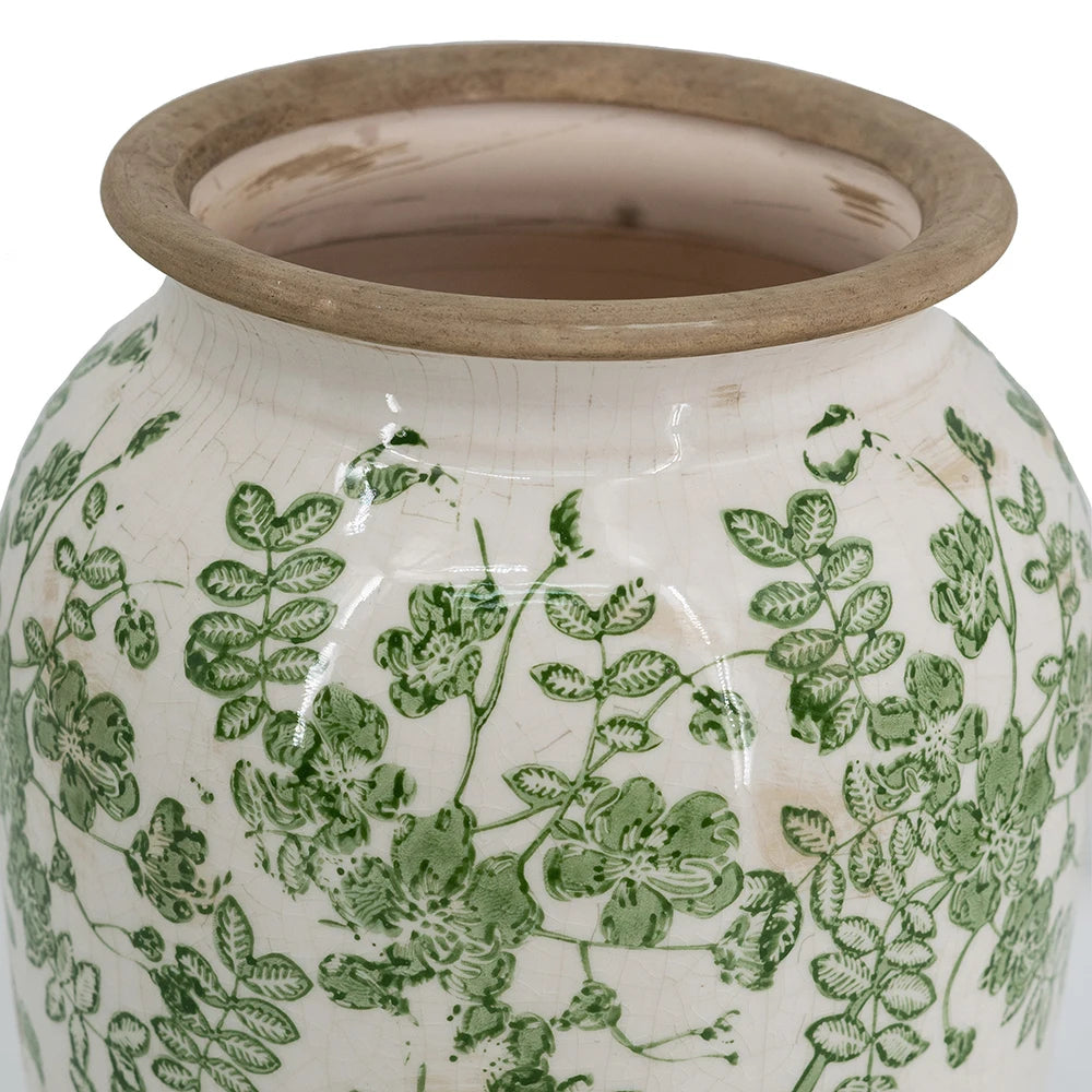 White Ceramic Flower Vase with Green Floral Pattern
