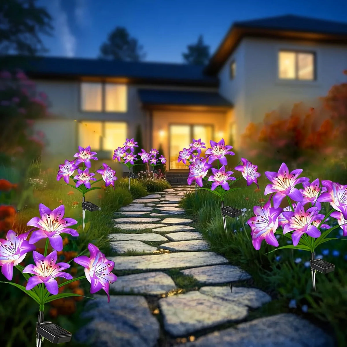 Solar Lily Lights Glowing Stems Garden Decor