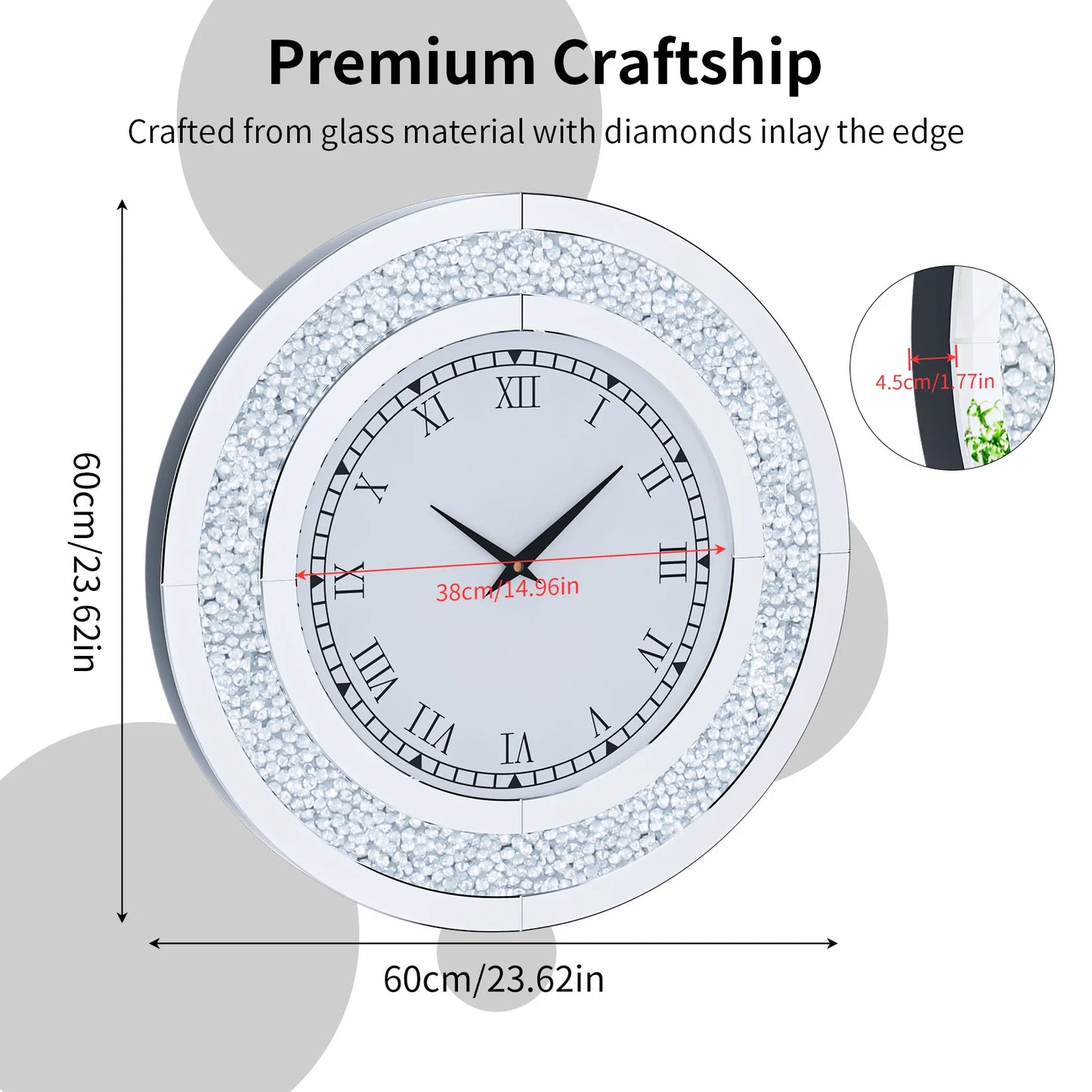 Silver, Tawny Tinted Crush Diamond Large Mirrored Wall Clock