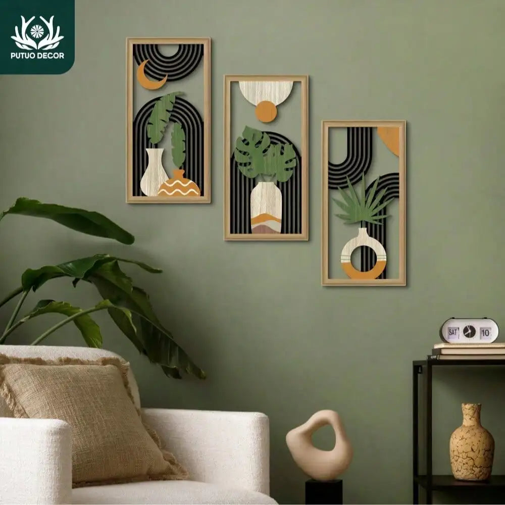 3pcs Boho Hollow Wooden Wall Art: Vase/Plant/Banana Leaf