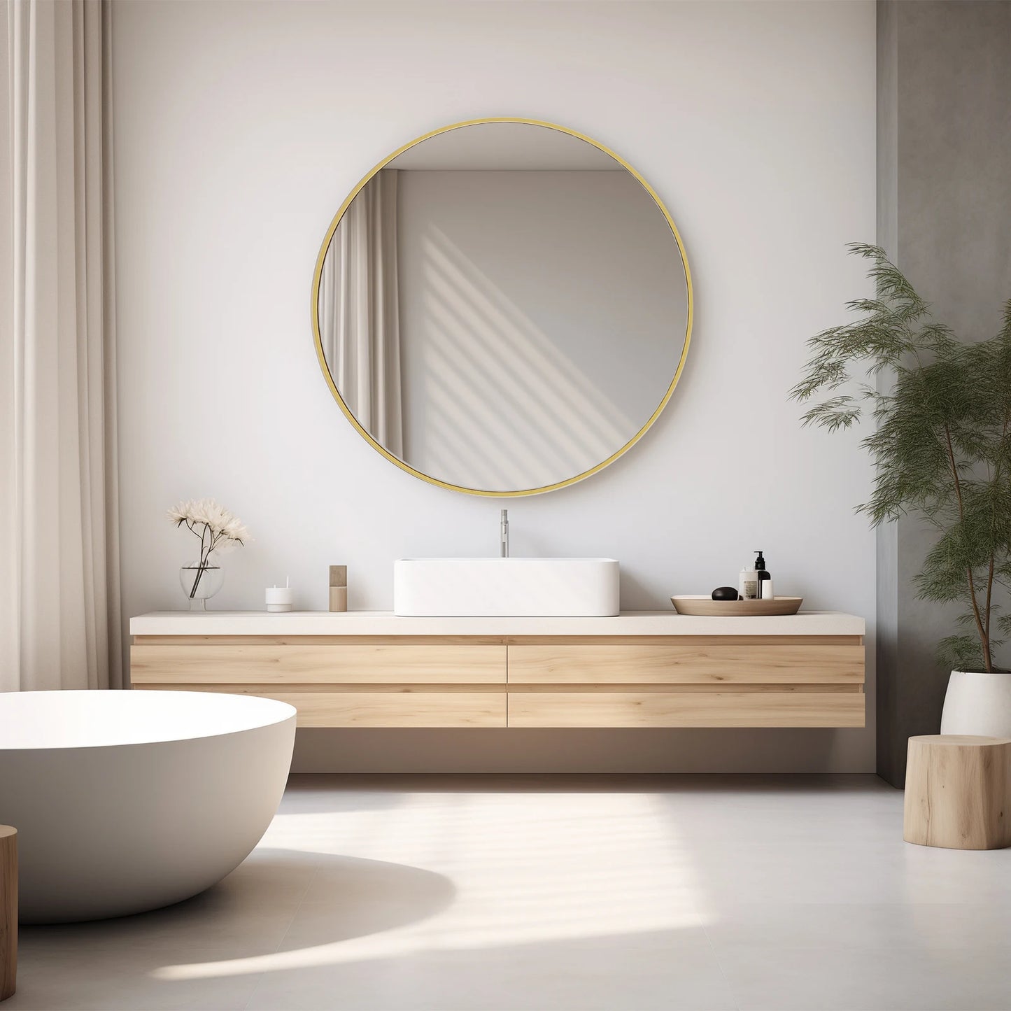 Modern Round Tempered Glass Mirror w/ Matte Metal Frame