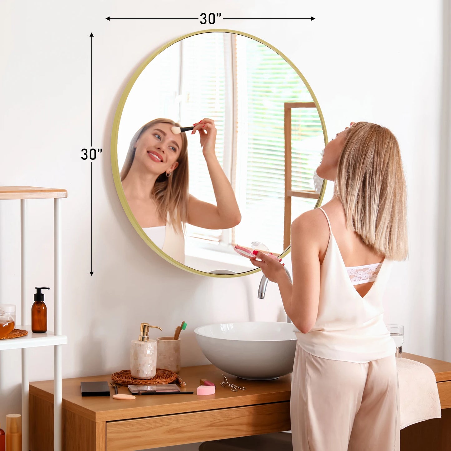 Modern Round Tempered Glass Mirror w/ Matte Metal Frame