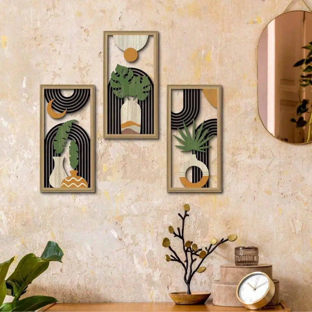 3pcs Boho Hollow Wooden Wall Art: Vase/Plant/Banana Leaf