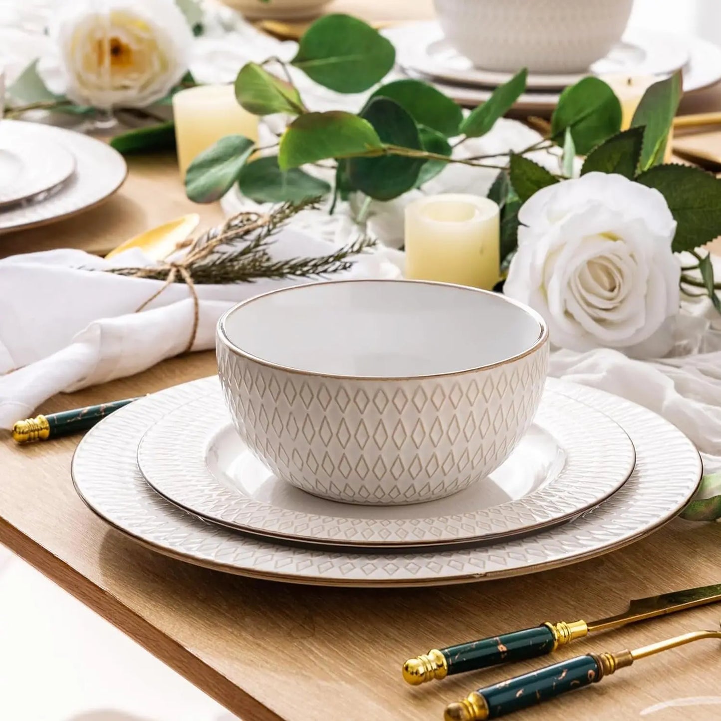 Ceramic Dinnerware Sets,12-pcs Embossed Elegant Stoneware