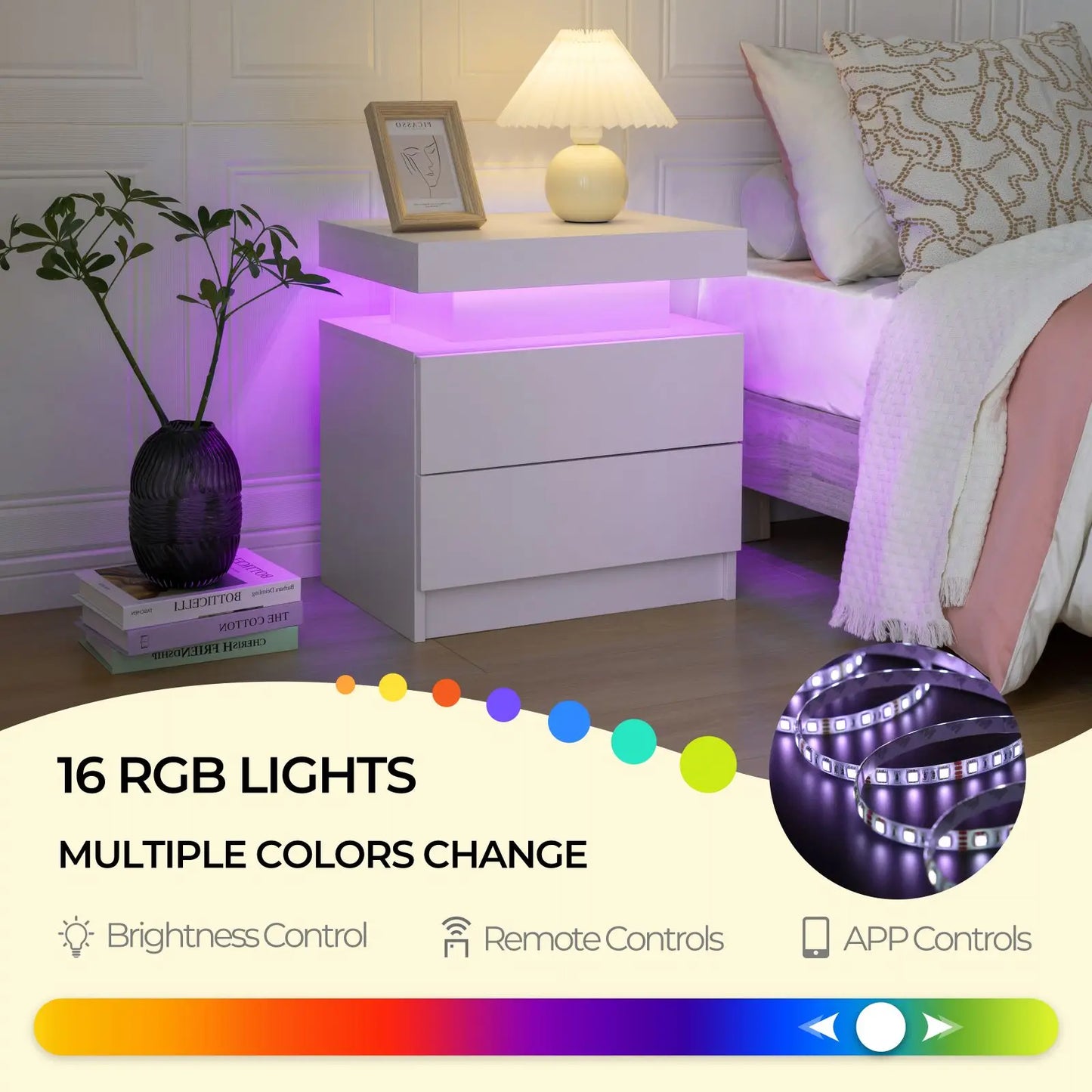 LED Nightstand w/ 2 Drawers and RGB LED Lights