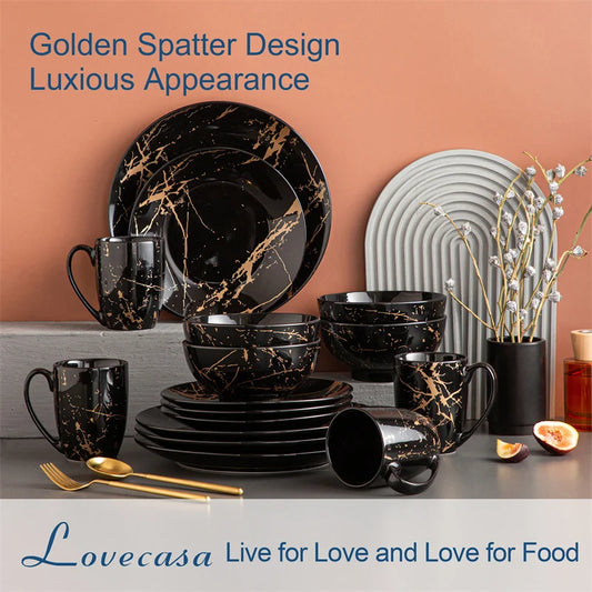 Black Porcelain Tableware Set By Gold Splash 16 Pcs