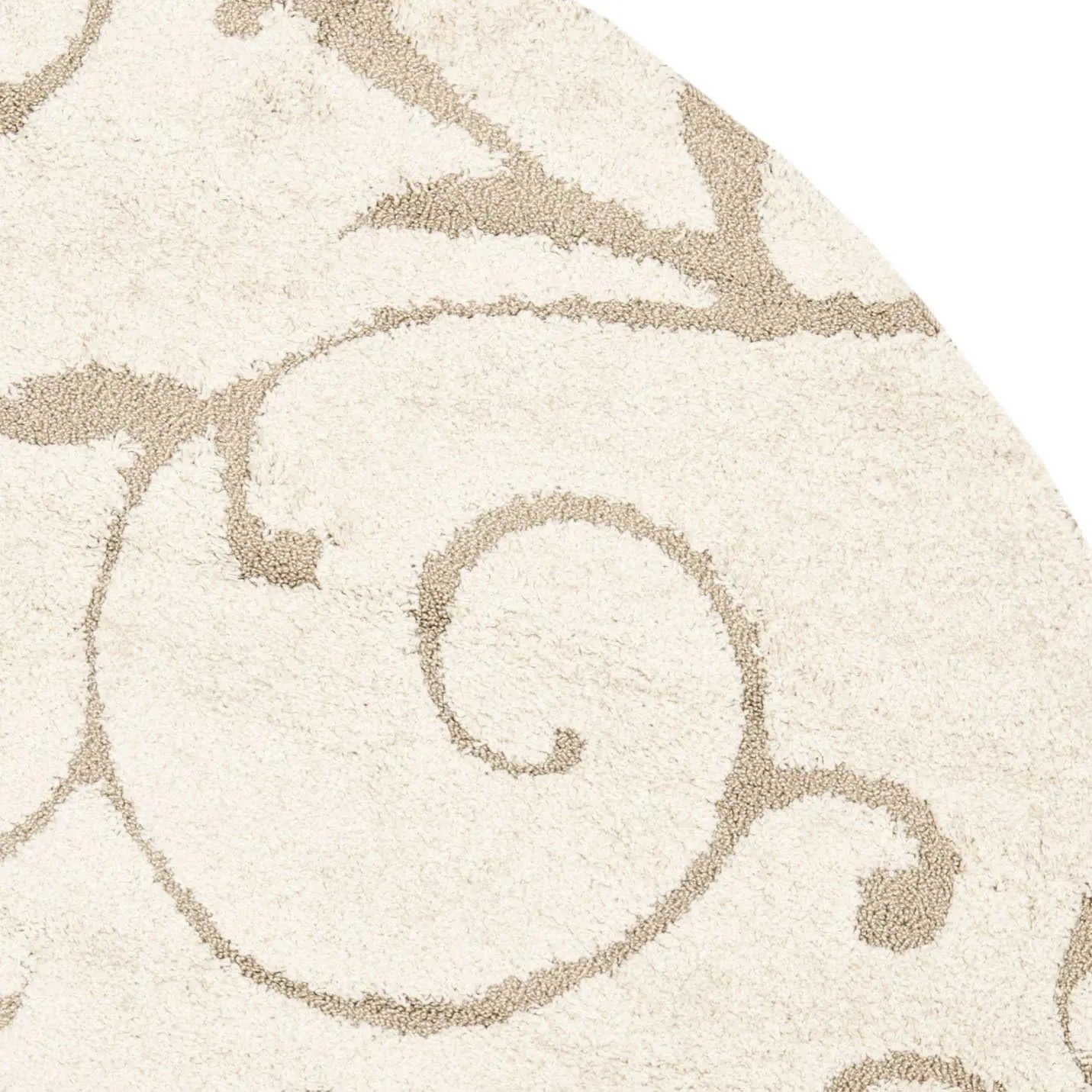 4' Round Shag Area Rug - Cream & Beige Scroll Design