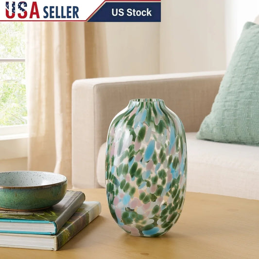 Handcrafted 10" Green Glass Vase w/ Multicolor Brushstrokes