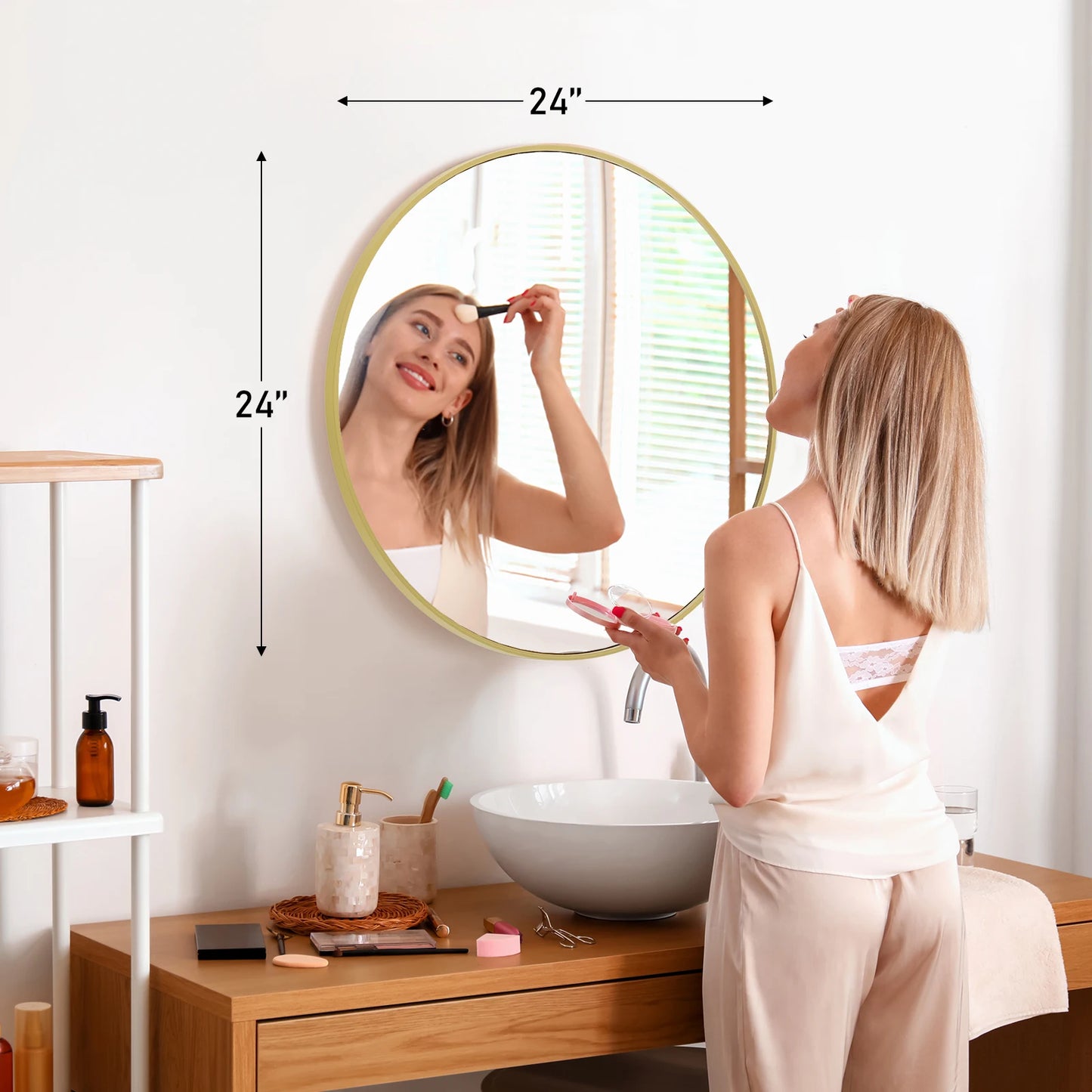 Modern Round Tempered Glass Mirror w/ Matte Metal Frame