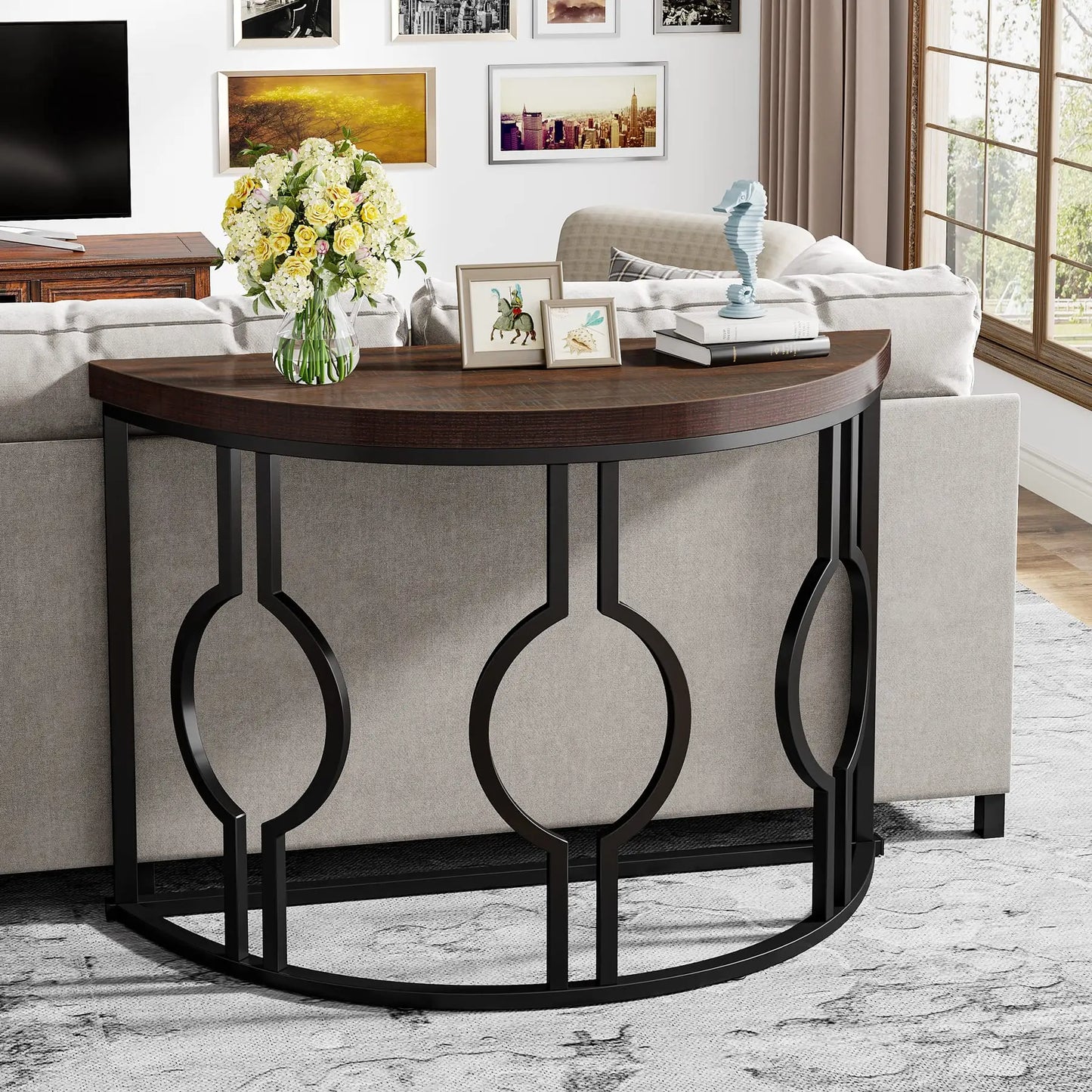 43-Inch Half Moon Console Table w/ Geometric Base