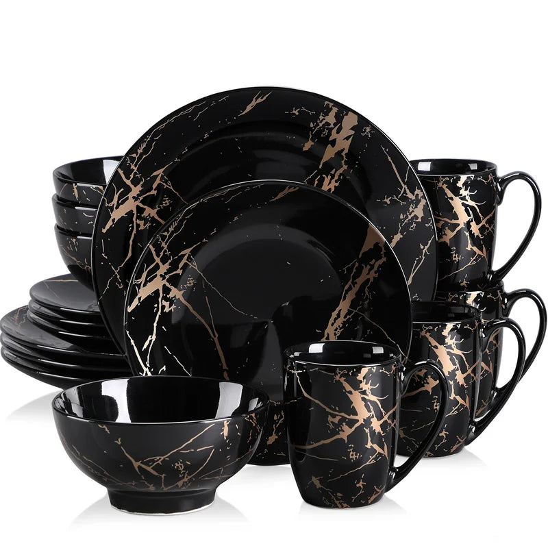 Black Porcelain Tableware Set By Gold Splash 16 Pcs