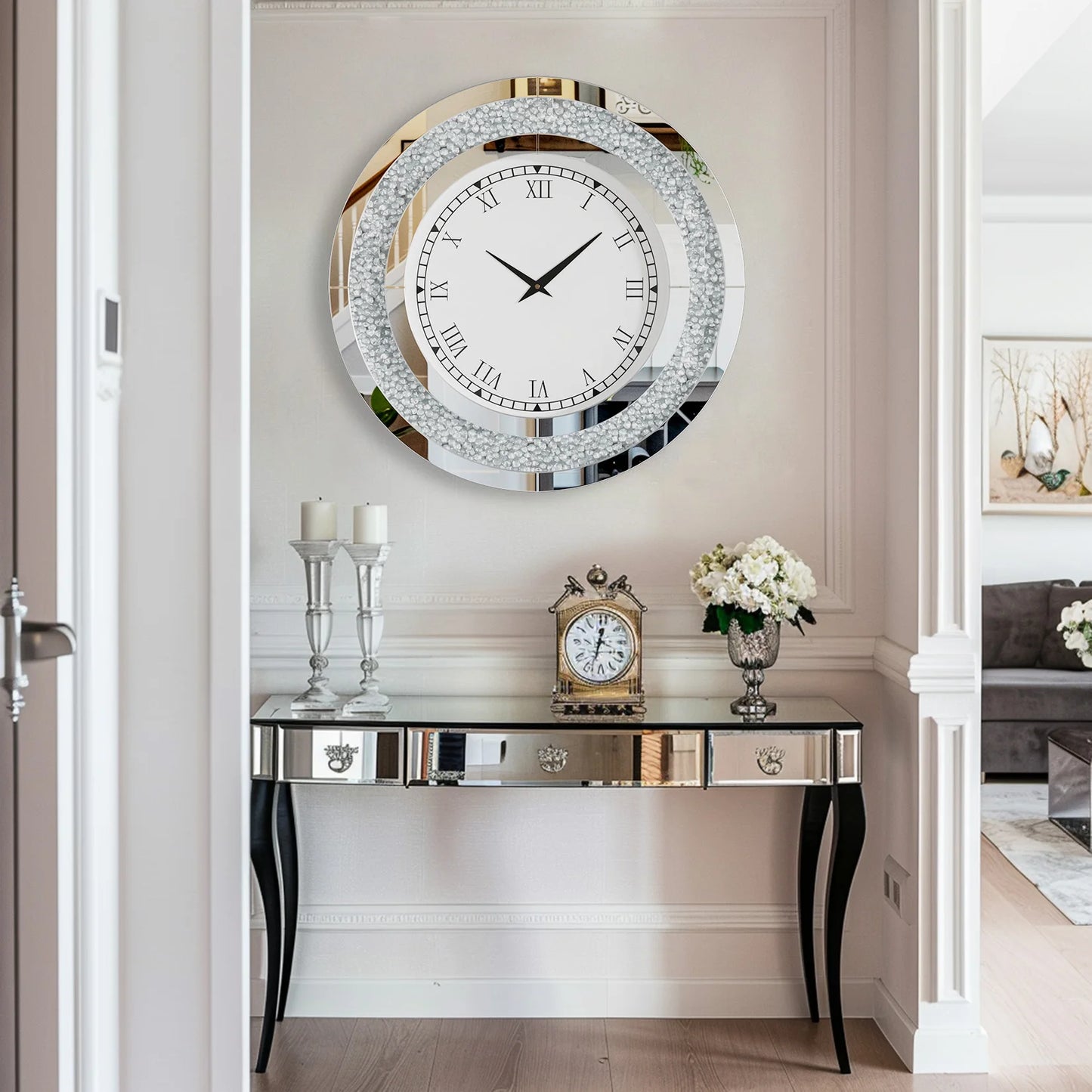 Silver, Tawny Tinted Crush Diamond Large Mirrored Wall Clock