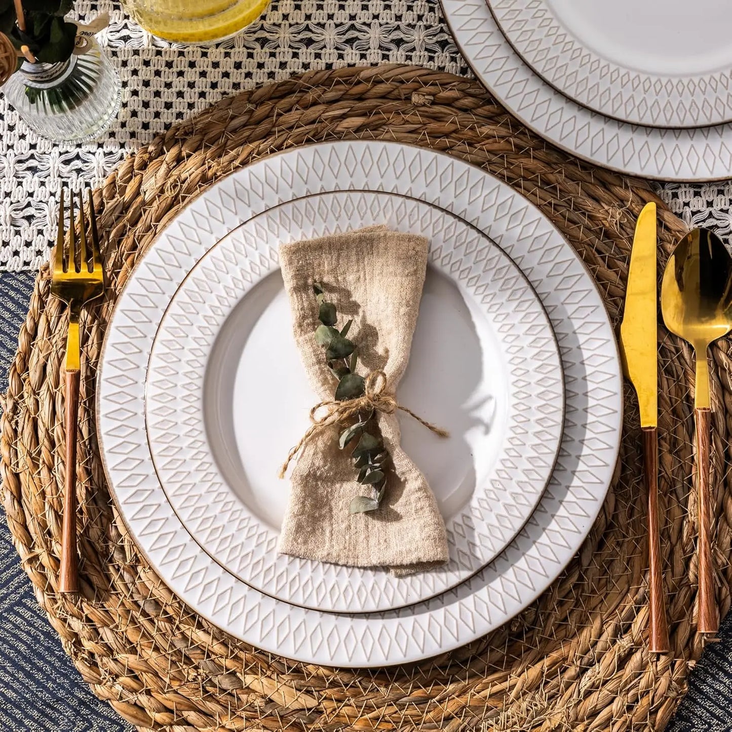Ceramic Dinnerware Sets,12-pcs Embossed Elegant Stoneware