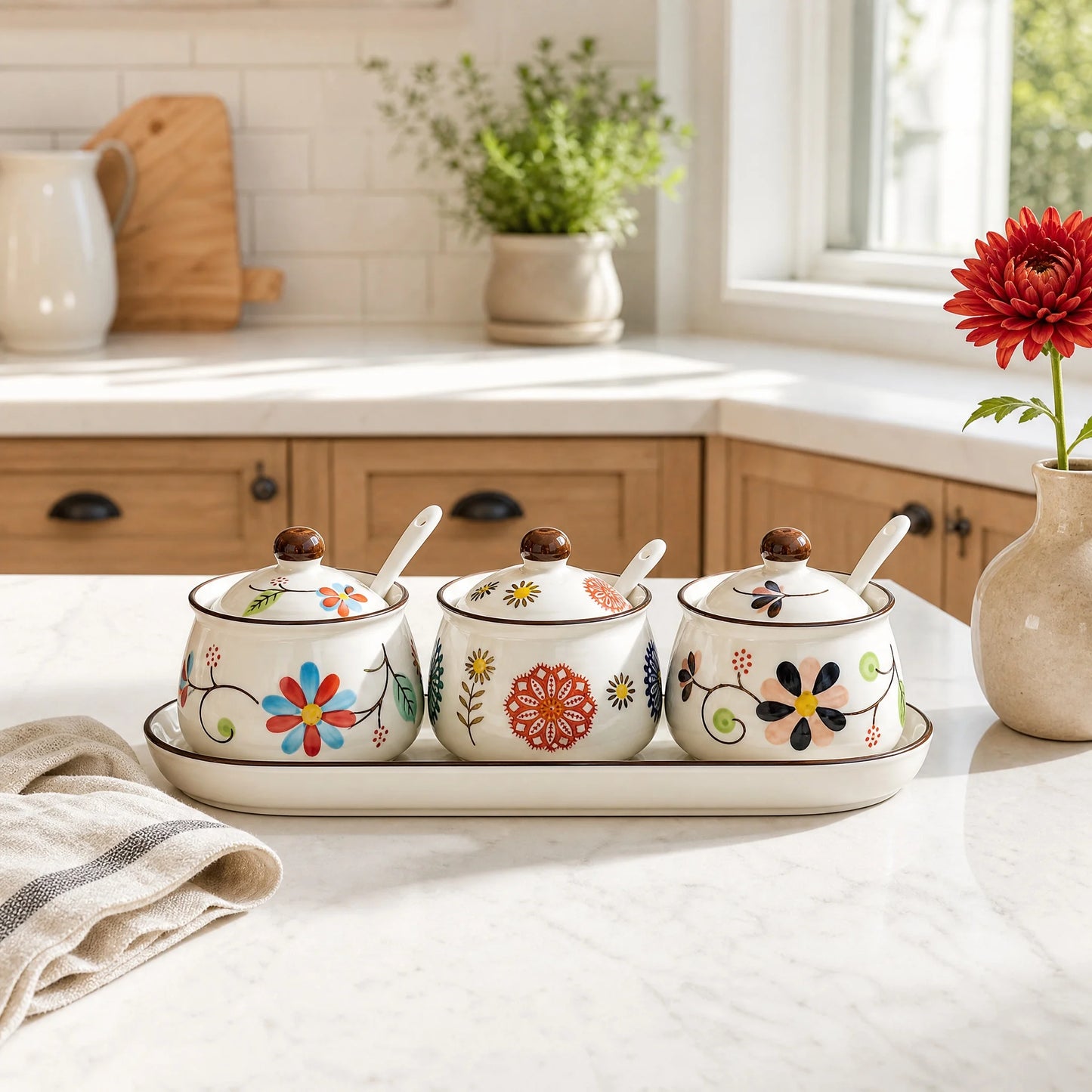 3-Piece Ceramic Spice Jar Set with Tray