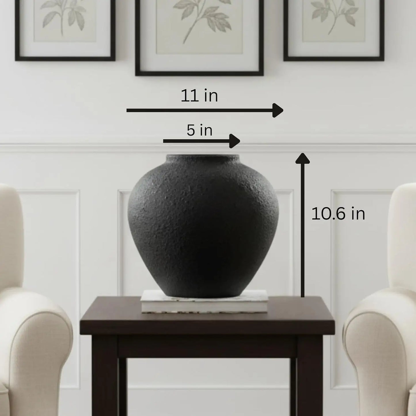 Rustic Modern Black Round Vase w/ Pottery Look