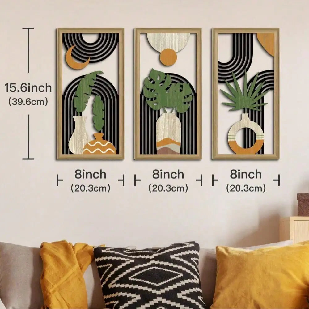 3pcs Boho Hollow Wooden Wall Art: Vase/Plant/Banana Leaf