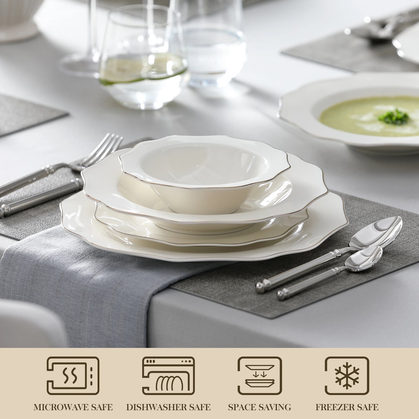 16/32-PC Golden Rim White Porcelain Tableware Set