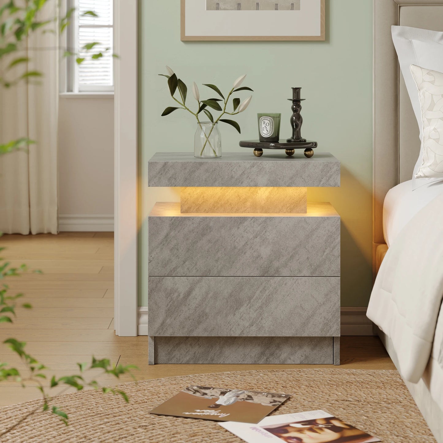 LED Nightstand w/ 2 Drawers and RGB LED Lights