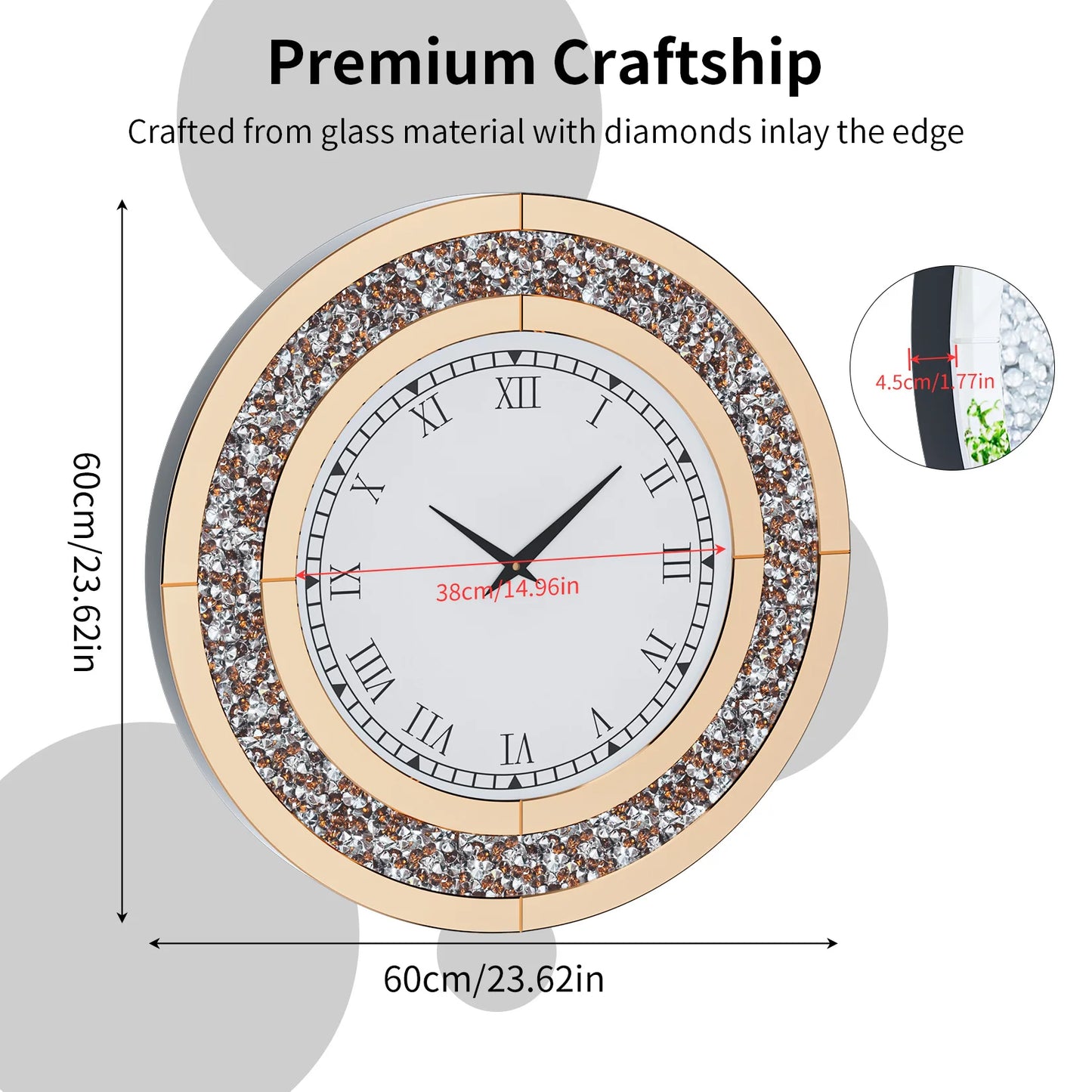 Silver, Tawny Tinted Crush Diamond Large Mirrored Wall Clock