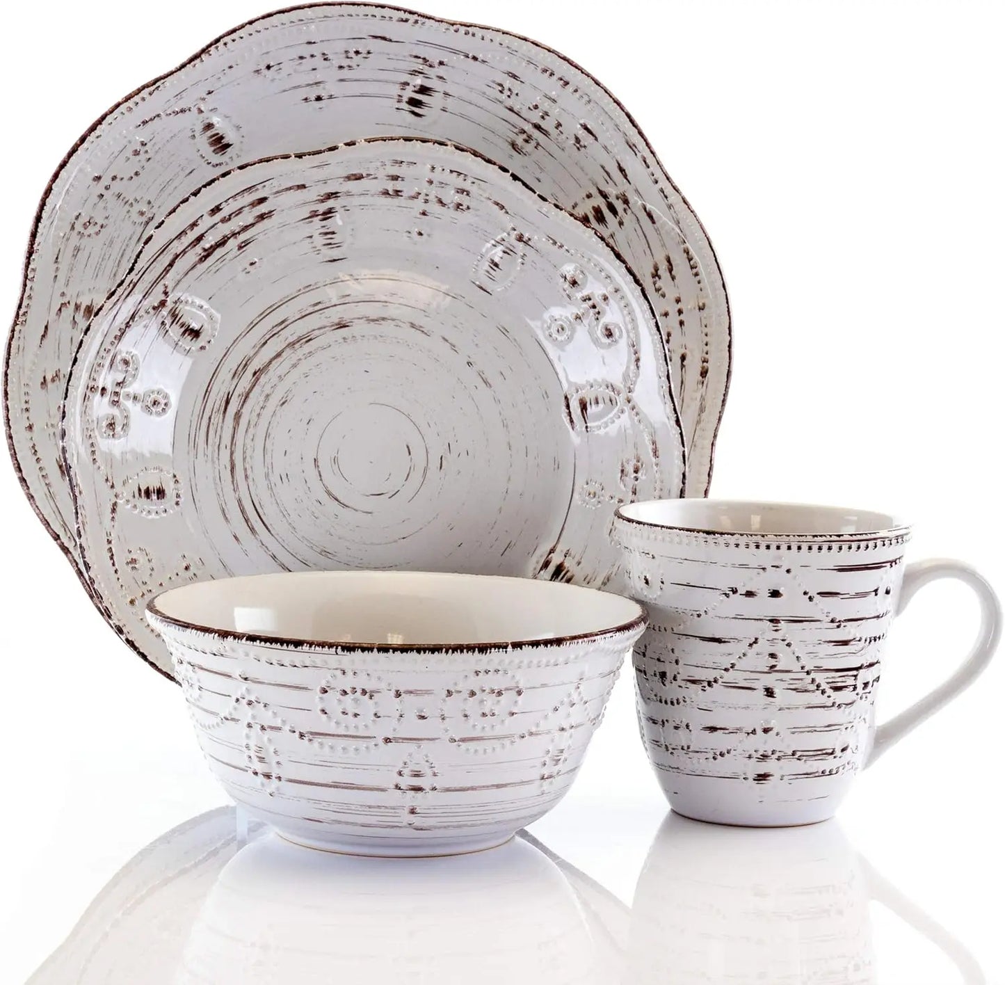 Rustic Birch Embossed Scalloped Stoneware Dinnerware Set