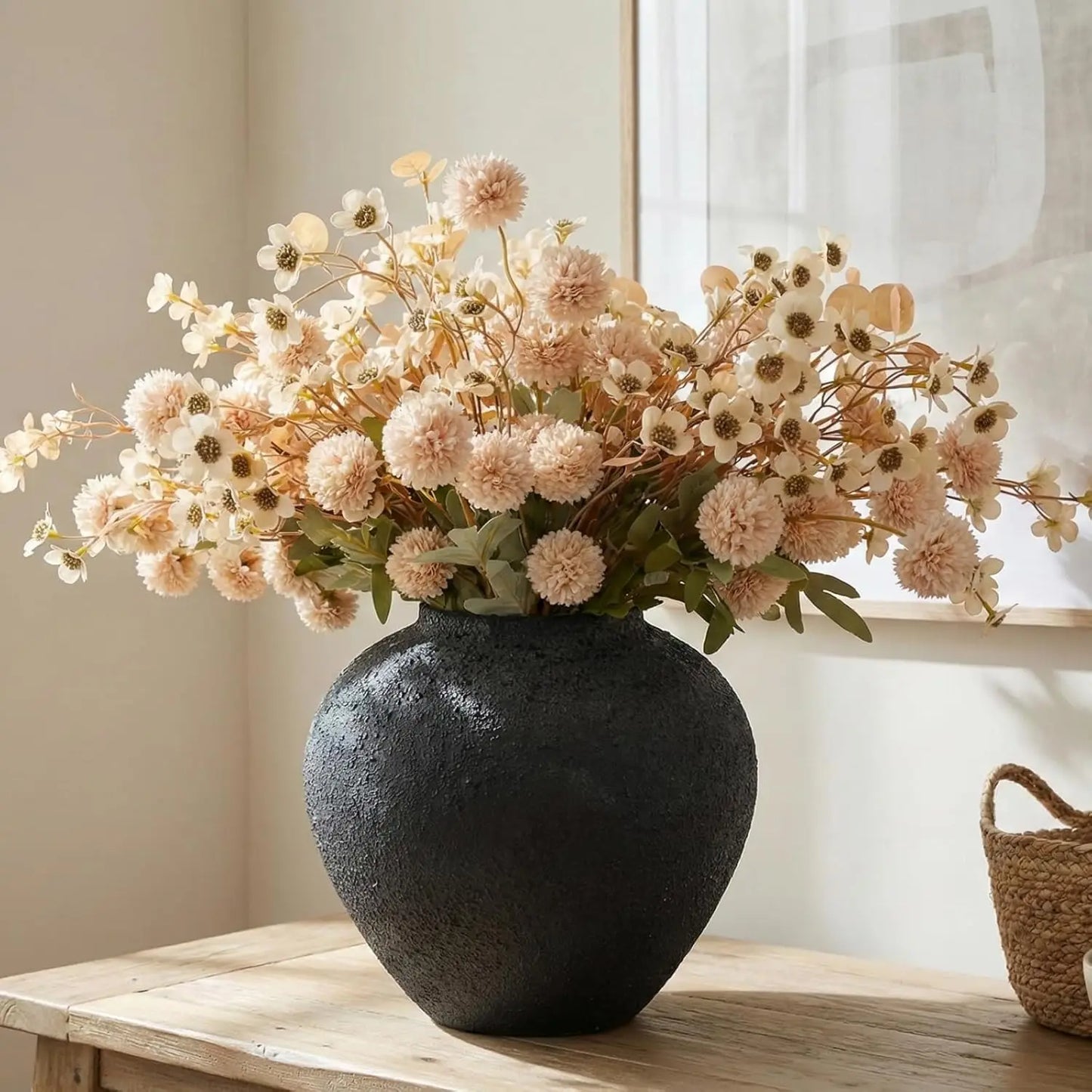Rustic Modern Black Round Vase w/ Pottery Look