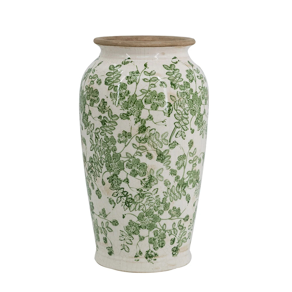 White Ceramic Flower Vase with Green Floral Pattern