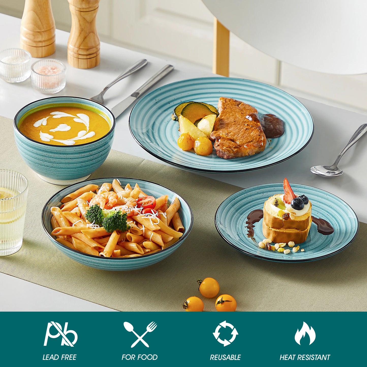 24/48 Piece Blue Spiral Ceramic Dinnerware Sets