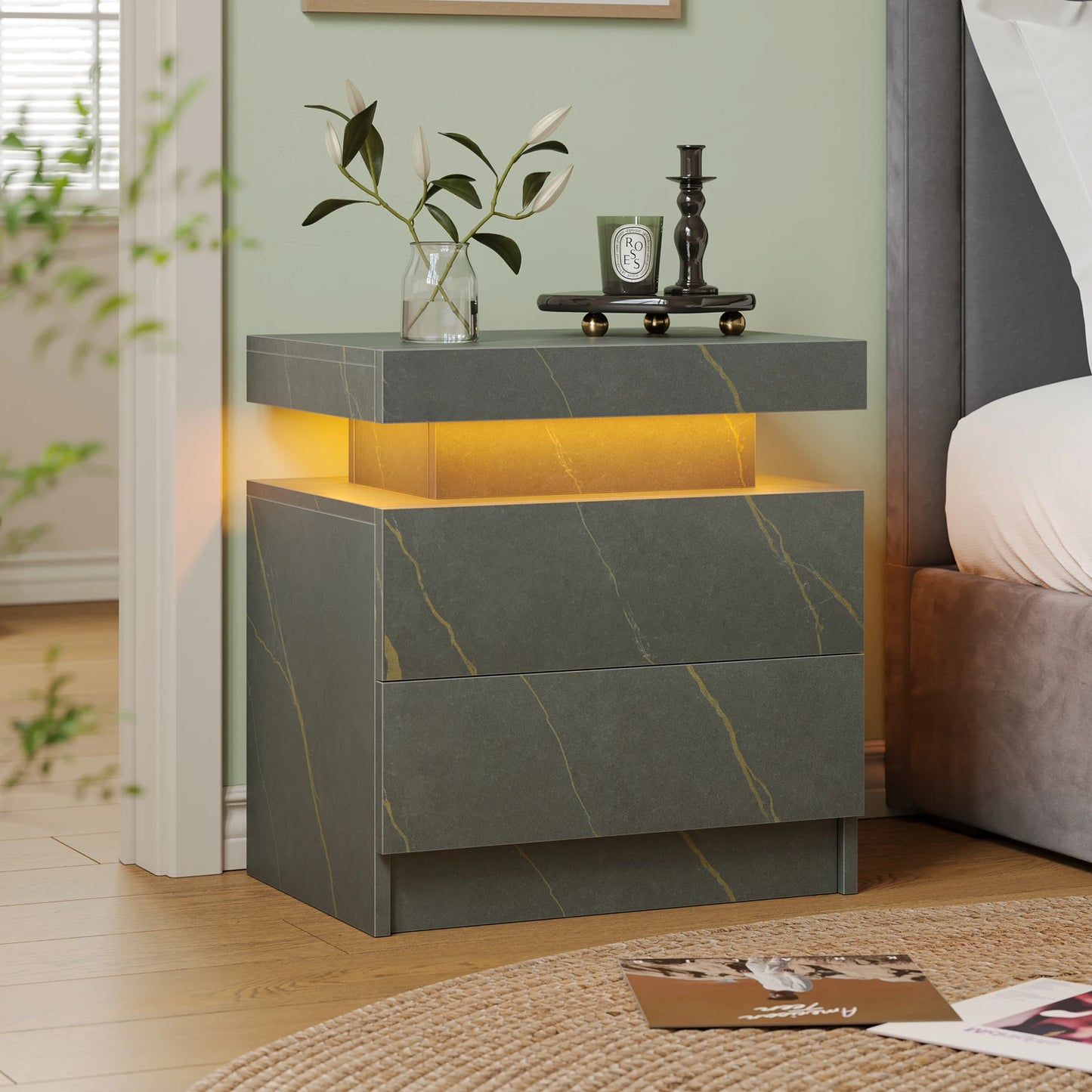 LED Nightstand w/ 2 Drawers and RGB LED Lights