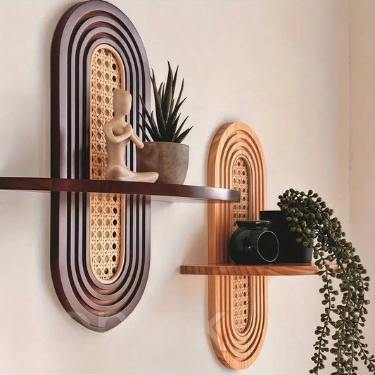 1pc Arched Bohemian Wood Rattan Floating Shelf