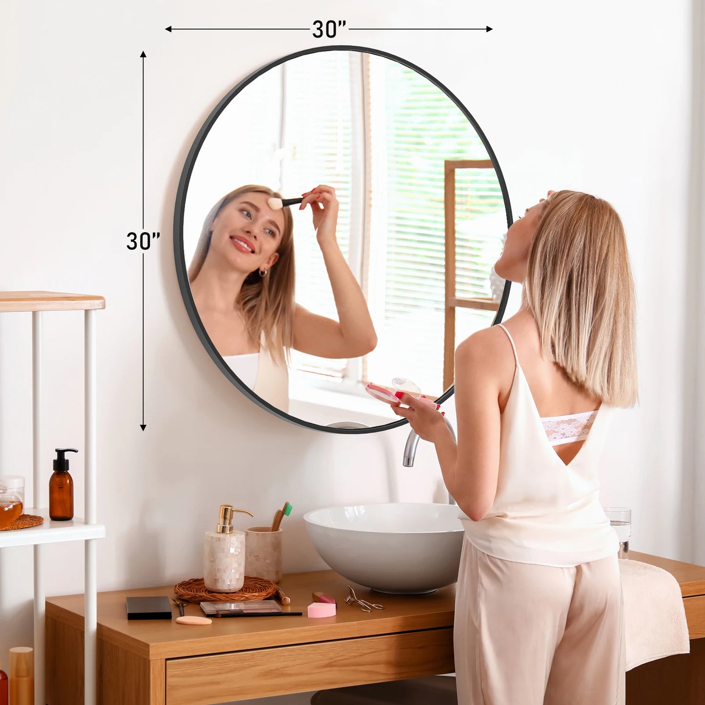 Modern Round Tempered Glass Mirror w/ Matte Metal Frame