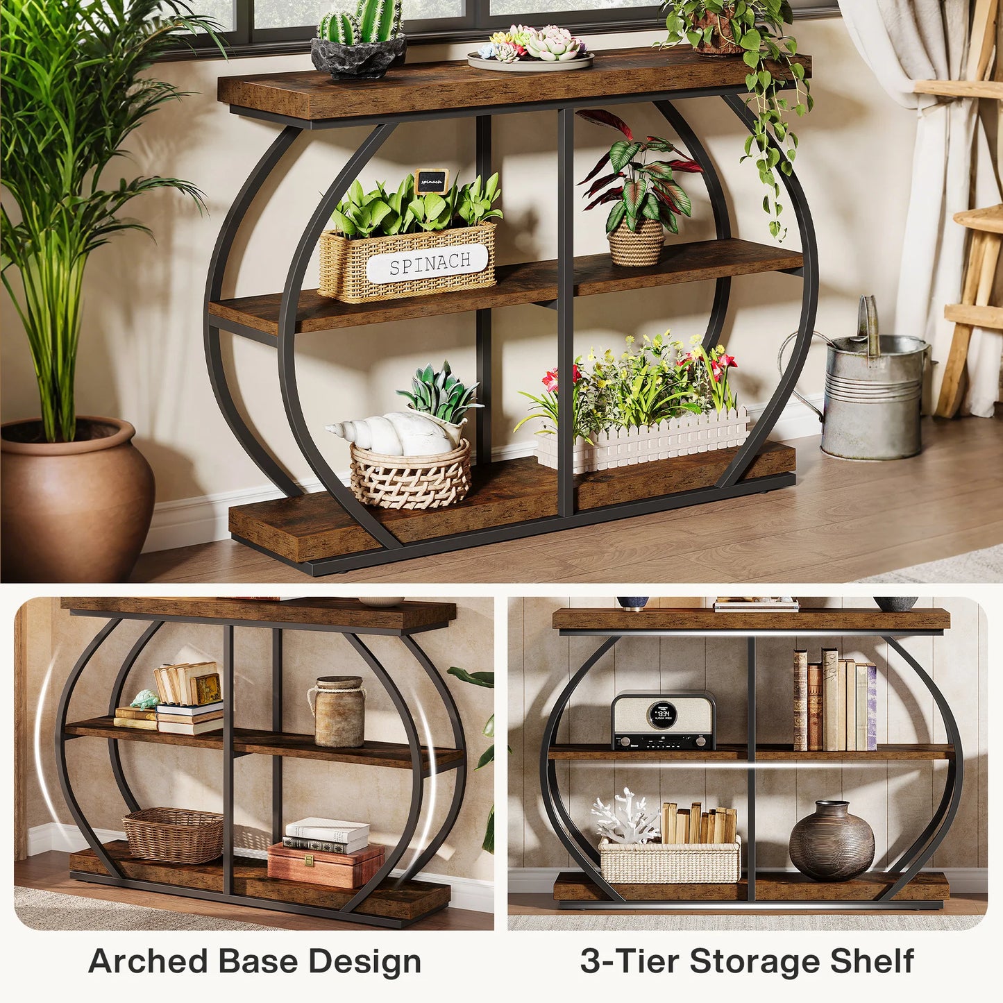 3-Tier Console Table with Arched Metal Frame