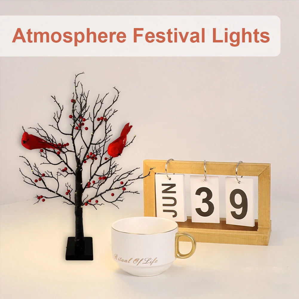 LED Light Tree Red Bird & Berries Table Decoration