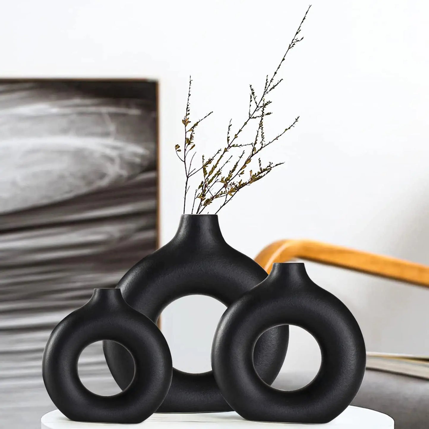 Black Ceramic Vases Set-of-3 Modern Home Decor