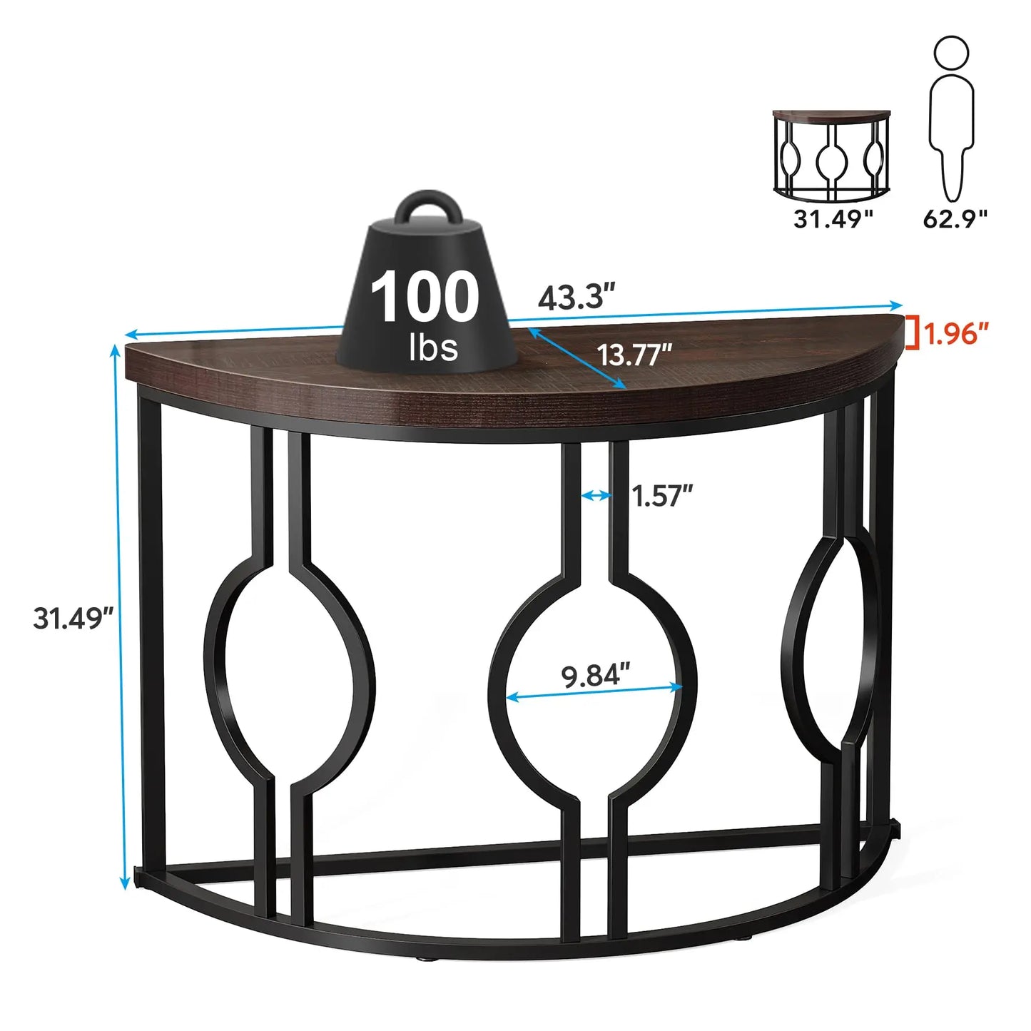 43-Inch Half Moon Console Table w/ Geometric Base