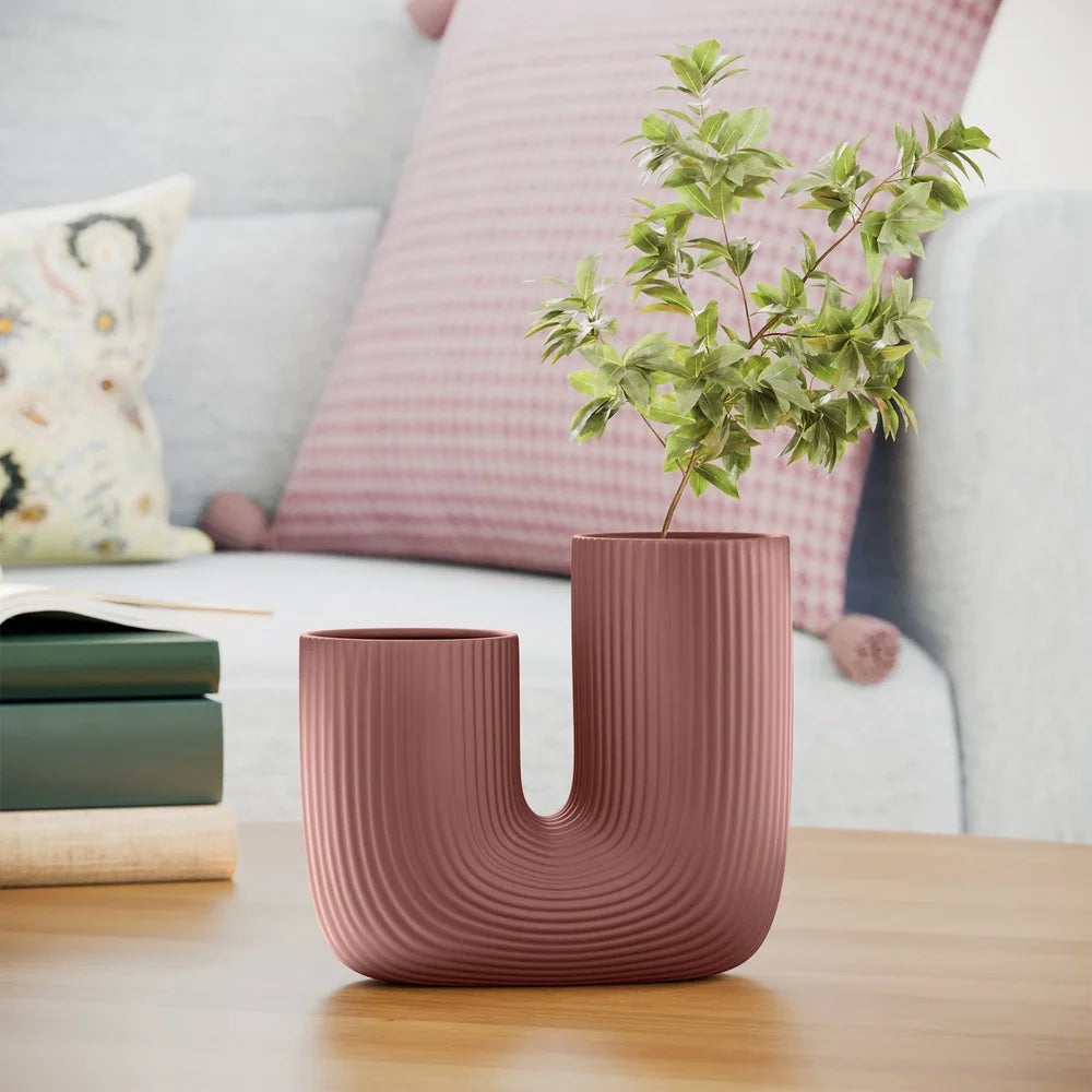 Fluted Ceramic Vase U Shape Decorative Home Accent Flowers Bouquets Indoor Use Elegant Modern Design Ideal Shelf Table Decor