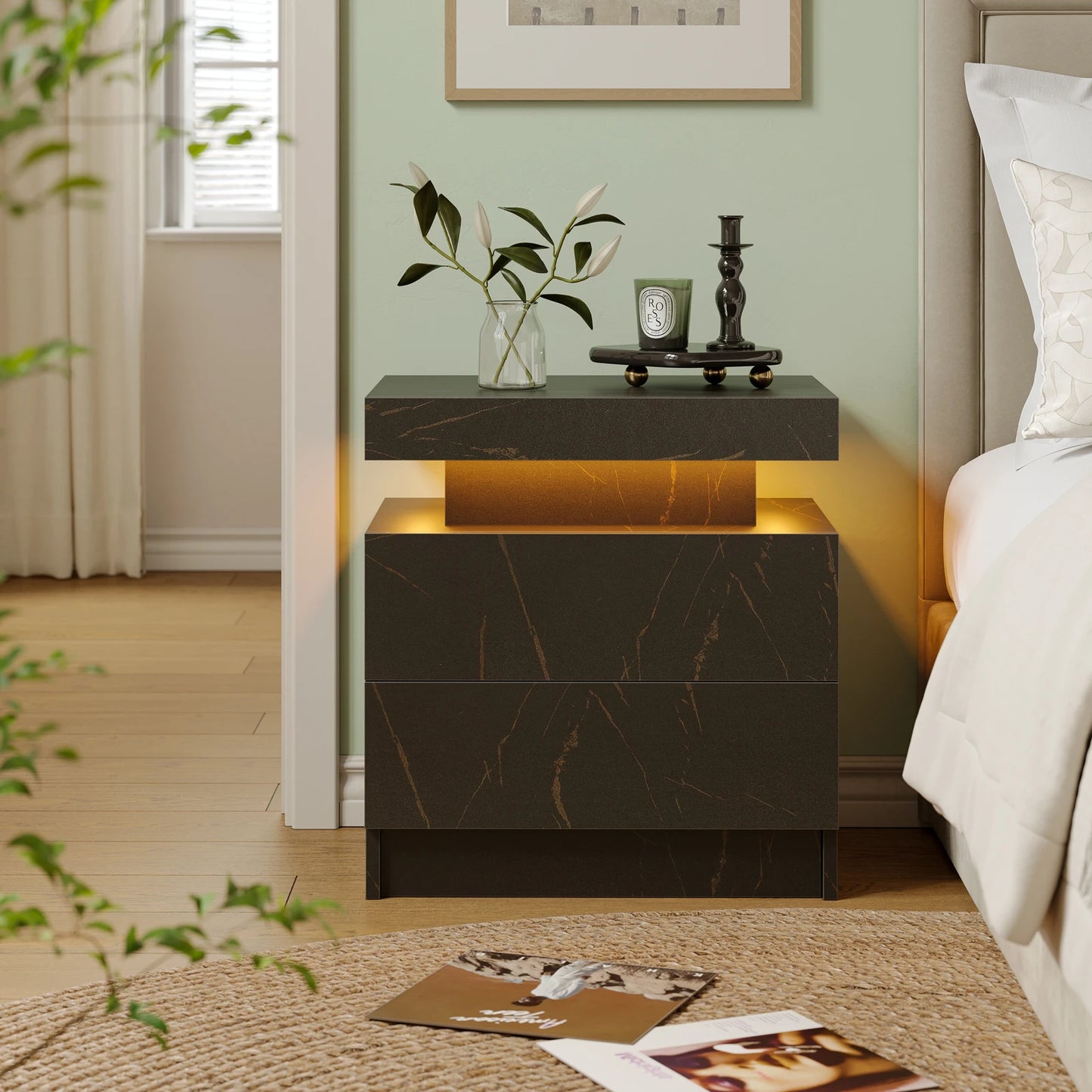 LED Nightstand w/ 2 Drawers and RGB LED Lights