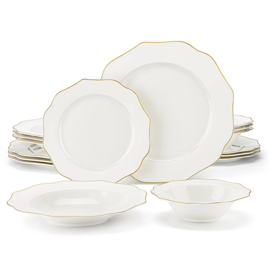 16/32-PC Golden Rim White Porcelain Tableware Set