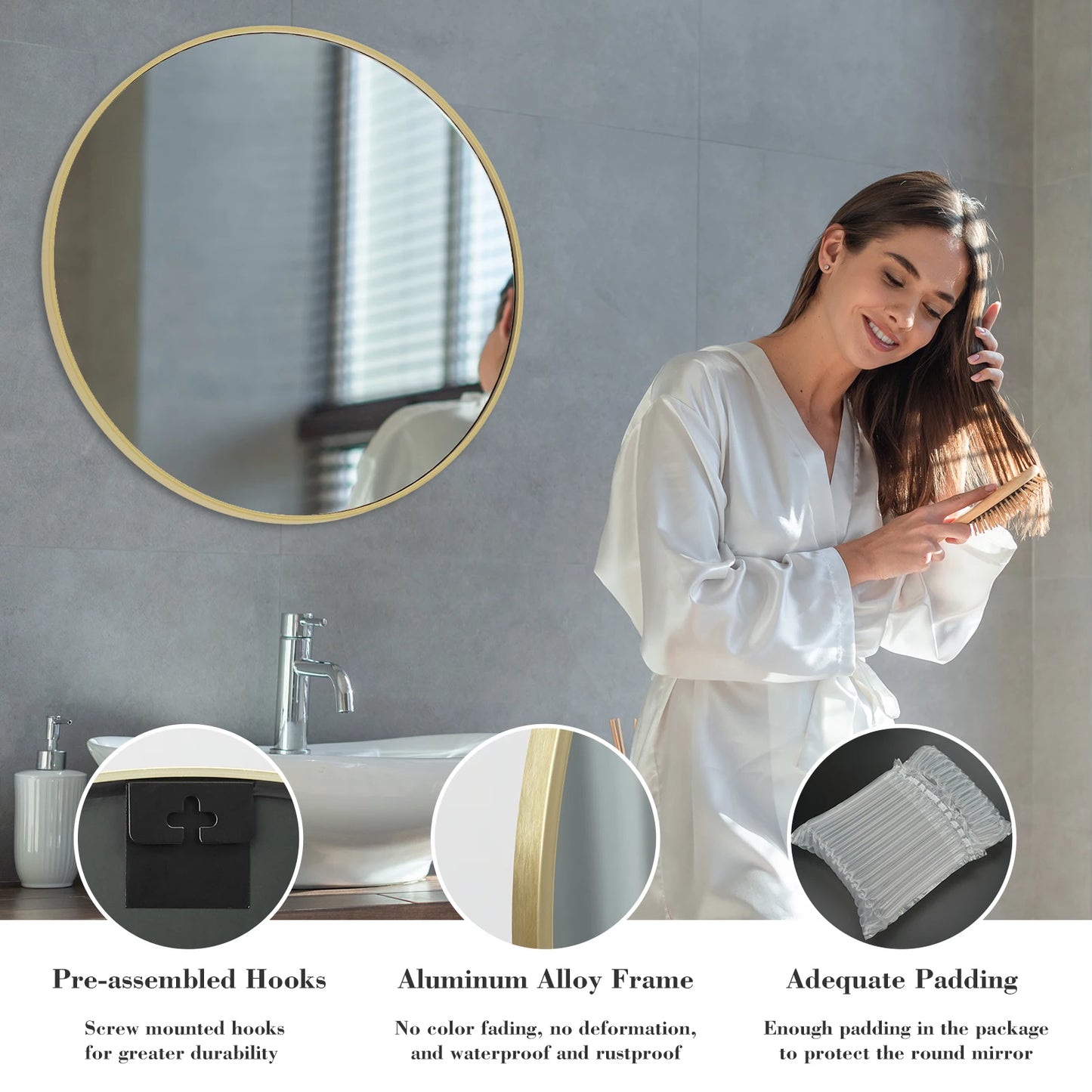 Modern Round Tempered Glass Mirror w/ Matte Metal Frame