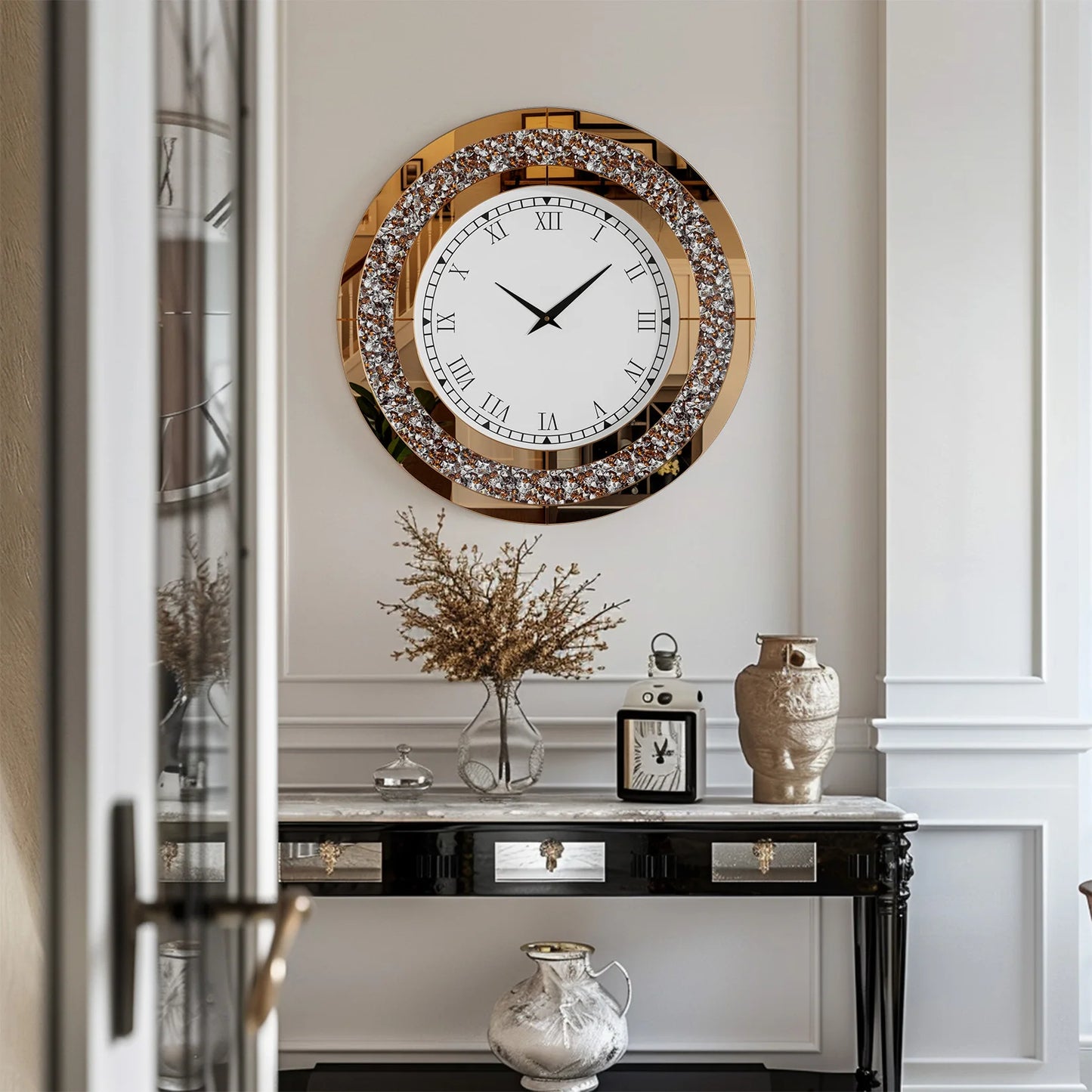 Silver, Tawny Tinted Crush Diamond Large Mirrored Wall Clock