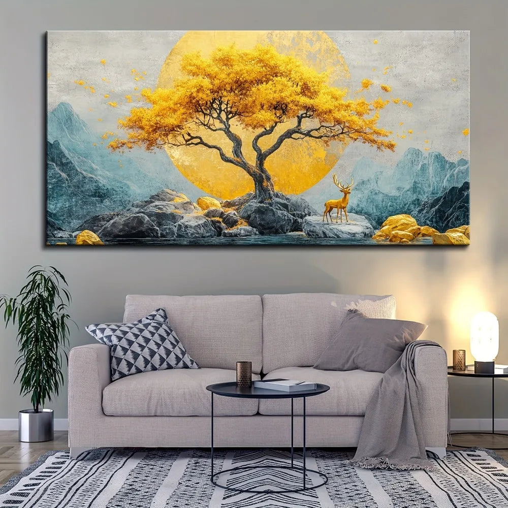 Abstract Yellow Tree| Stone| Deer Painted Wall Decor