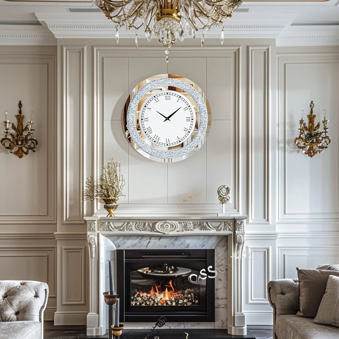 Silver, Tawny Tinted Crush Diamond Large Mirrored Wall Clock